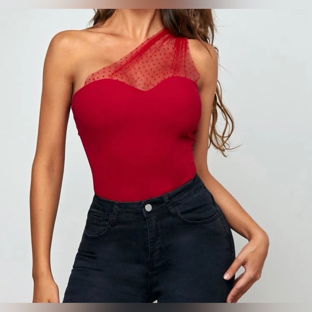 Boutique One Shoulder Dot Flocked Mesh Yoke Top